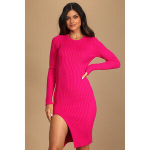 Lulus Cold Weather Trend Hot Pink Ribbed Knit Bodycon Sweater Dress - Size S